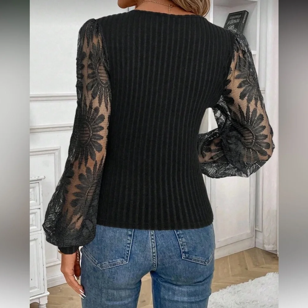 Black Floral Sleeve Sweater Top